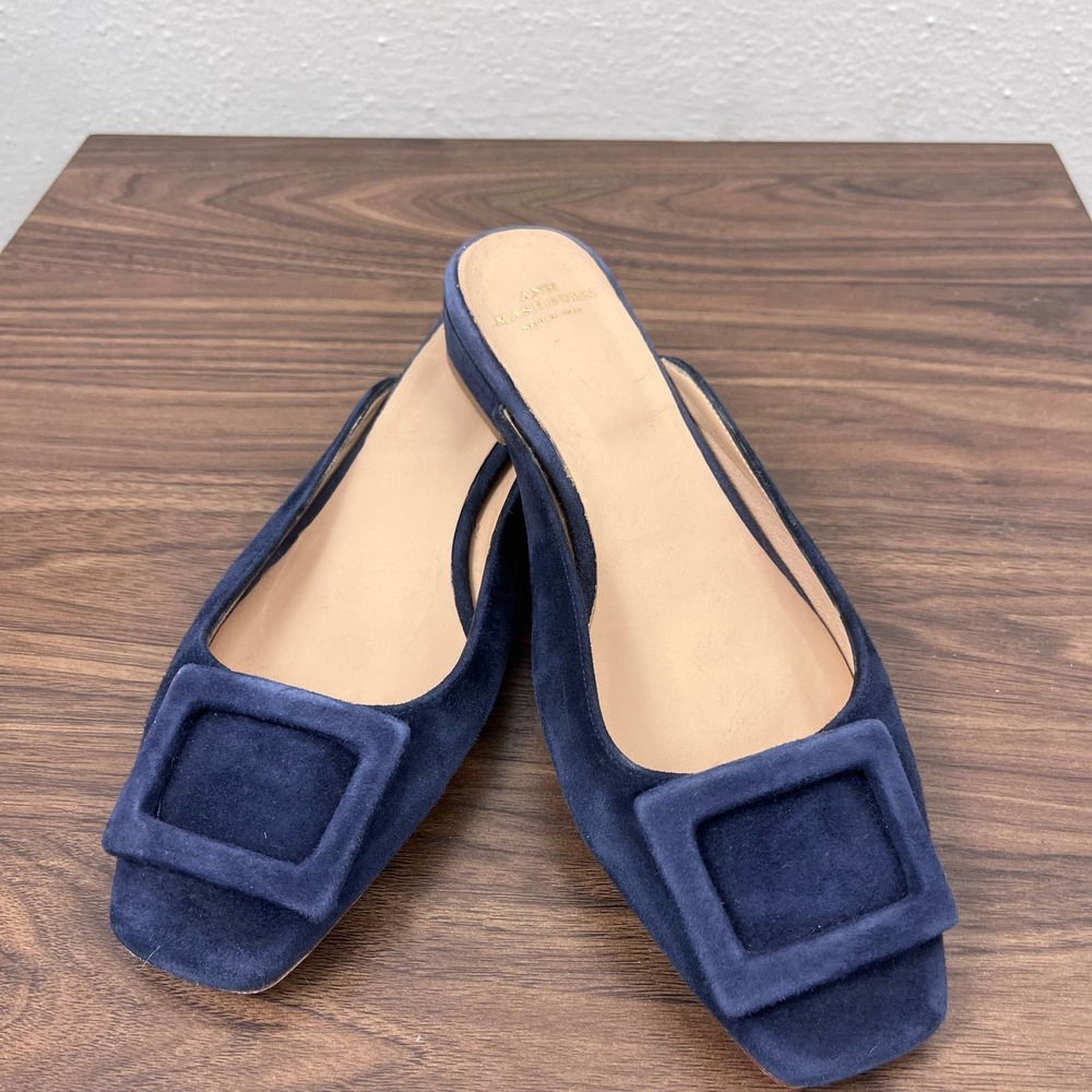 Ann Mashburn Navy Suede Buckle Square Toe Mule Slides Size 37.5 / 7.5